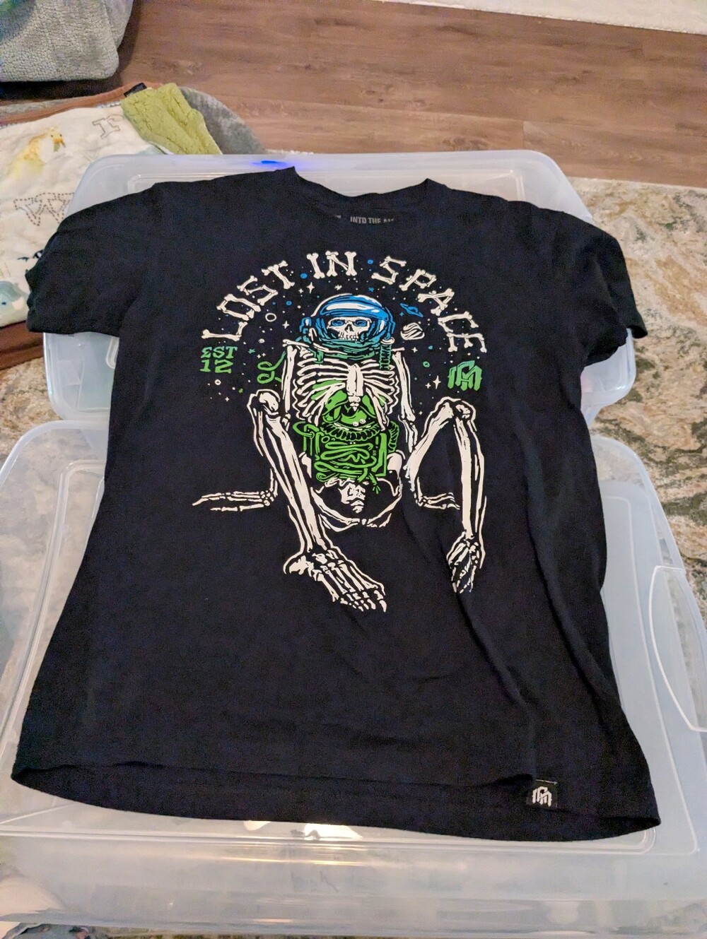 Lost In Space Black Graphic Skeleton-Themed Tee